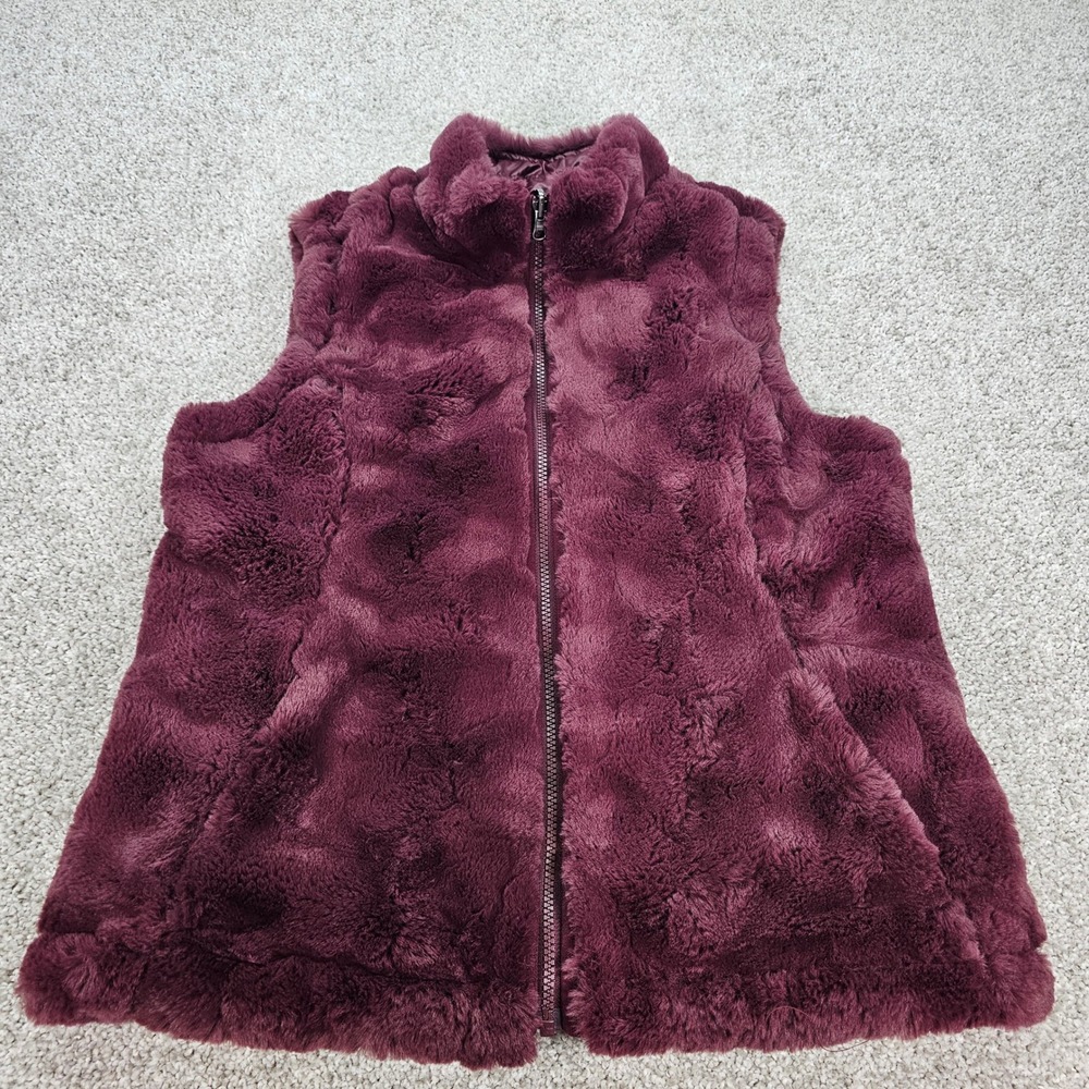 Nicole Miller Original Reversable Faux Fur Vest Womens S Burgundy Zip Up‎